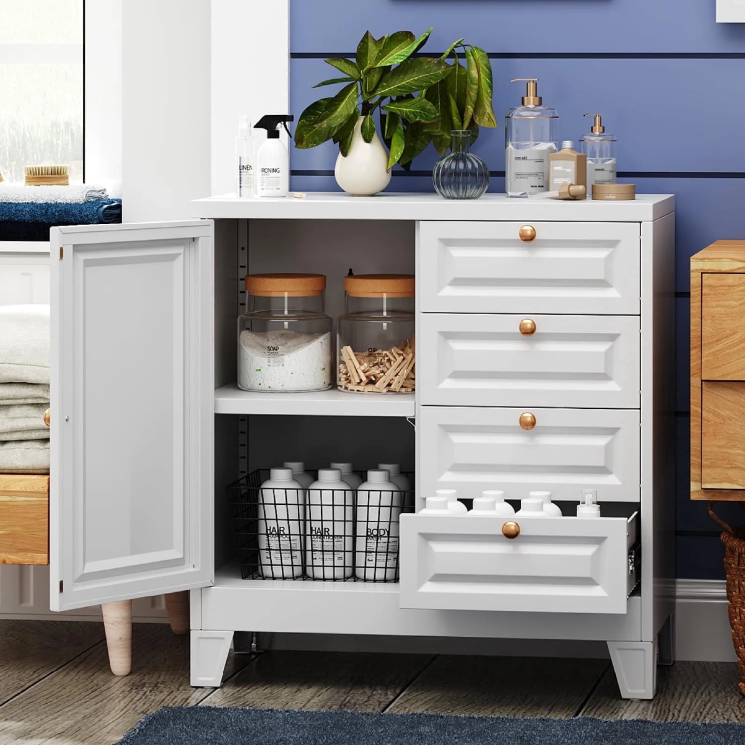 Bathroom Floor Cabinet, Wooden Storage Organizer with 4 Drawers & 1 Door, Free-Standing Cupboard for Bathroom & Kitchen, White