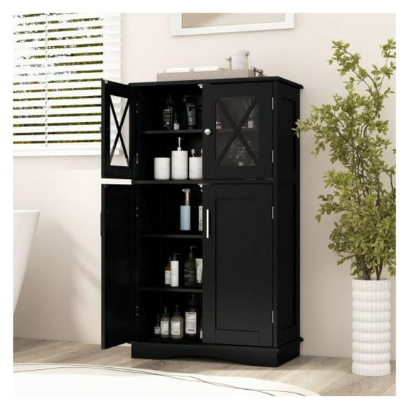 Bathroom Floor Cabinet with Doors, 4 Doors Free Standing Storage Organizer with Adjustable Shelves, MDF Wood Tall Linen Tower, White/Black/Gray/Brown