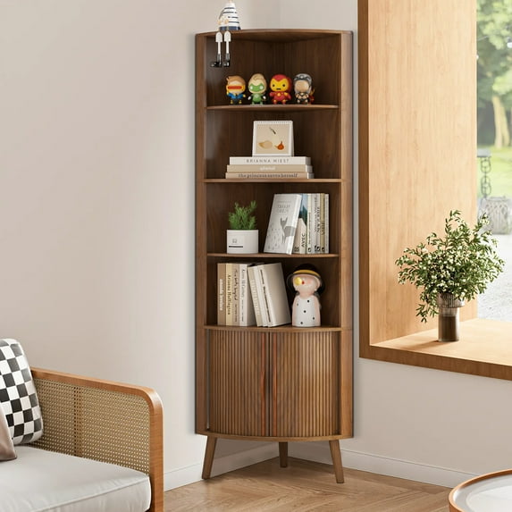 Bathroom Floor Corner Cabinet with Doors, Freestanding Narrow Storage Cabinets for Living Room, Kitchen, Walnut Color