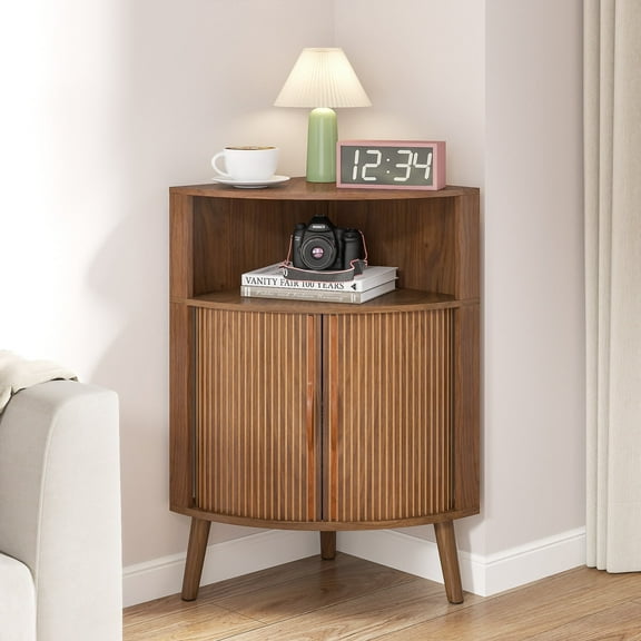 Bathroom Floor Corner Cabinet with Doors, Freestanding Narrow Storage Cabinets for Living Room, Kitchen, Walnut Color