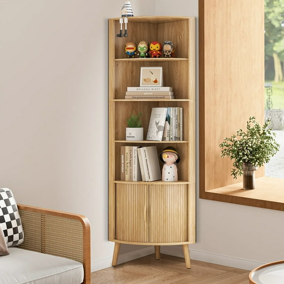 Bathroom Floor Corner Cabinet with Doors, Freestanding Narrow Storage Cabinets for Living Room, Kitchen, Walnut Color