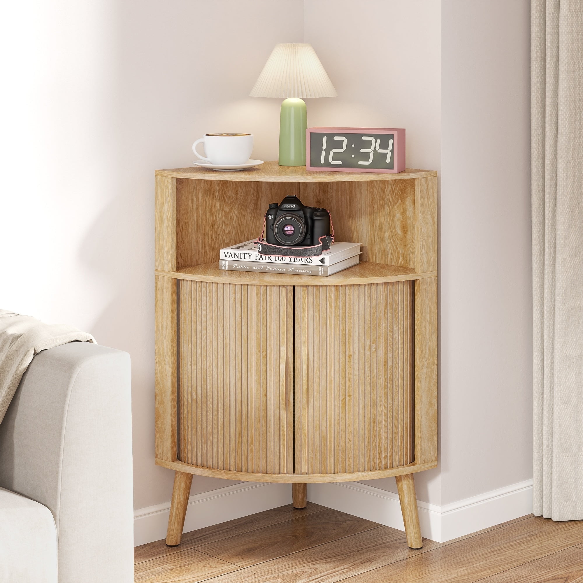 Bathroom Floor Corner Cabinet with Doors, Freestanding Narrow Storage Cabinets for Living Room, Kitchen, Wood Color