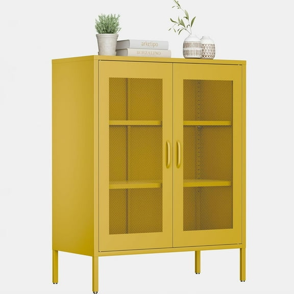 Bathroom Floor Storage Cabinet,40"H Metal Locker, Small Yellow Cabinets With 2 Adjustable Shelves & 4 Doors,Freestanding Sideboard,Pantry Cabinet For Small Spaces,Hallway,Home Office, Kitchen