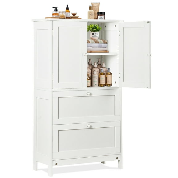 Bathroom Floor Storage Cabinet Adjustable Shelves Hidden Storage Space White For Daily Life