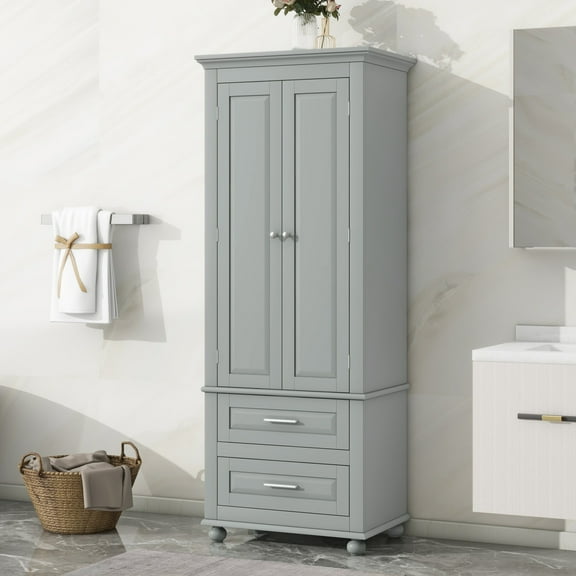 Bathroom Floor Storage Cabinet, Bathroom Storage Unit,2 Drawers Lateral File Cabinet with Storage Shelves, Freestanding Cabinet for Bathroom/Office, Grey