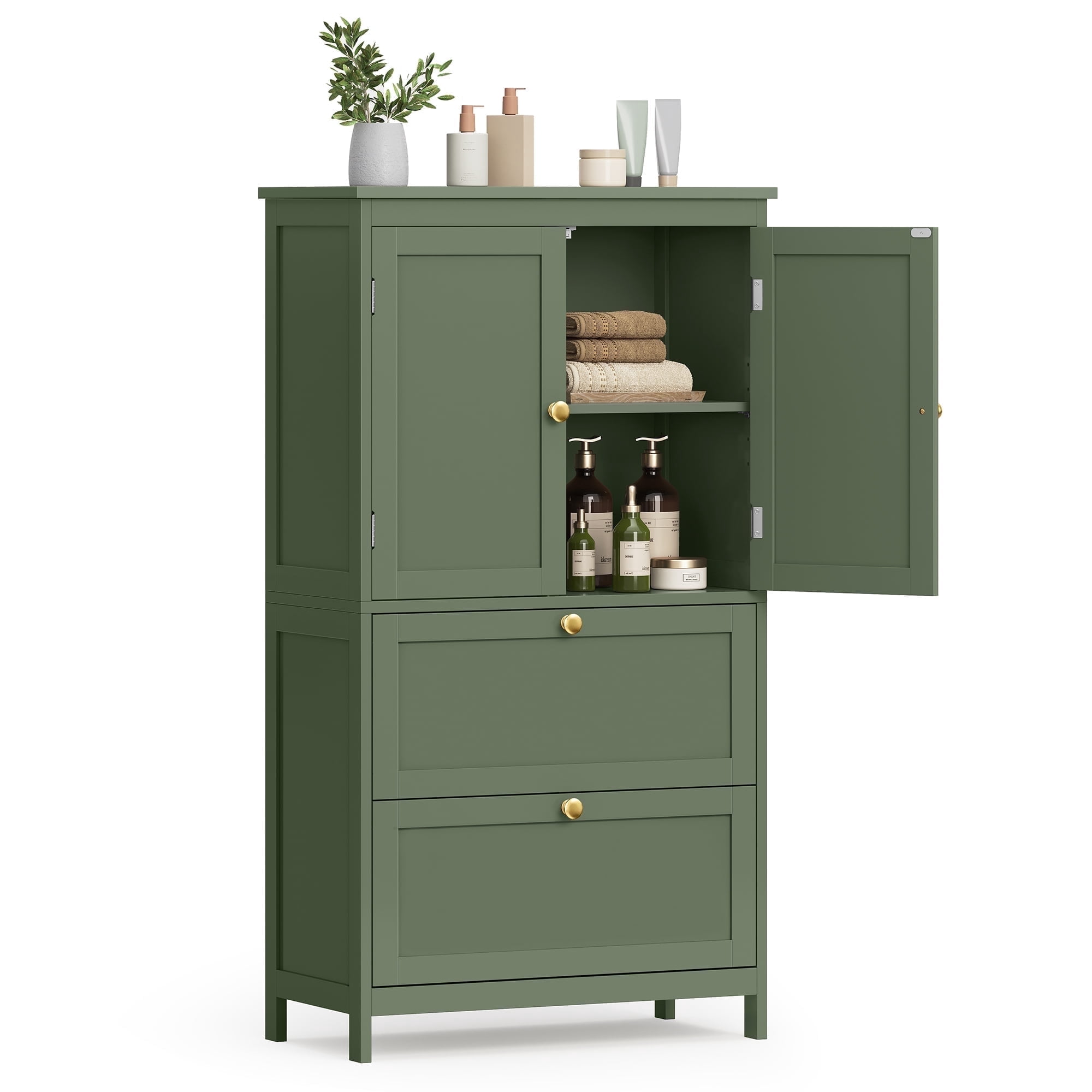 Floor Storage Cabinet,  Storage Unit, Freestanding  Cabinet with 2 Drawers and 2 Doors, Adjustable Shelf, 11.8 x 23.6 x 43.3 Inches, Forest Green