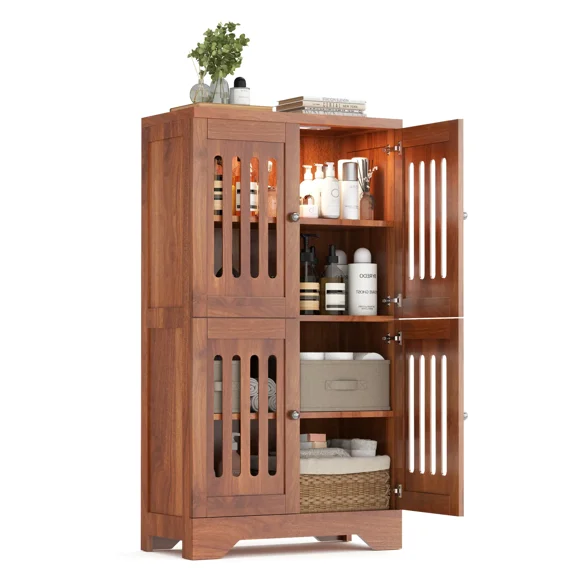 Bathroom Floor Storage Cabinet with Cabinet Lights, Modern Storage Cabinet with 4 Doors and Adjustable Shelves, Buffer Hinges, Walnut Pantry Cabinet for Living Room & Kitchen