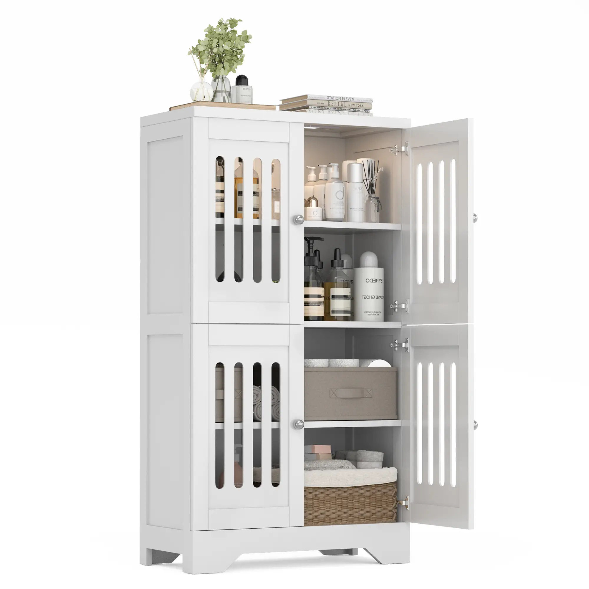 Bathroom Floor Storage Cabinet with Cabinet Lights, Modern Storage Cabinet with 4 Doors and Adjustable Shelves, Buffer Hinges, White Pantry Cabinet for Living Room & Kitchen