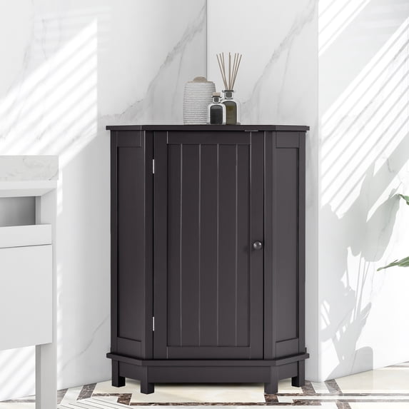 Bathroom Floor Storage Cabinet with Door & 3-Tier Shelves, SYNGAR Home Standing Corner Storage Cupboard, Space Saving, MDF Waterproof Storage Cabinet for Living Room Bedroom Office, Brown, D8848