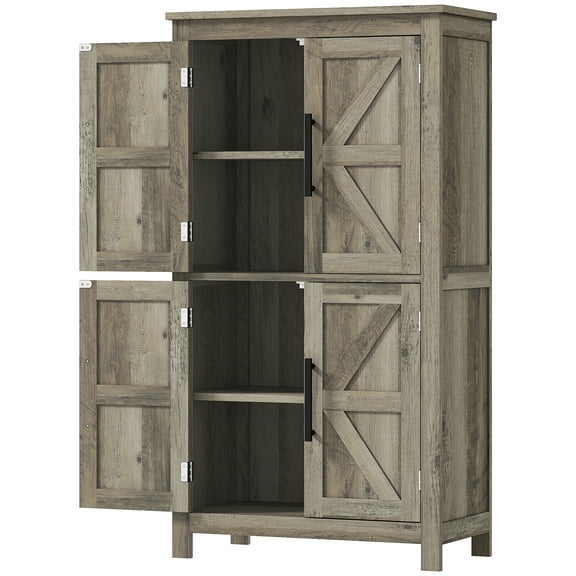 Bathroom Floor Storage Cabinet, Farmhouse Bathroom Cabinet with 4 Doors and Adjustable Shelf, Light Gray