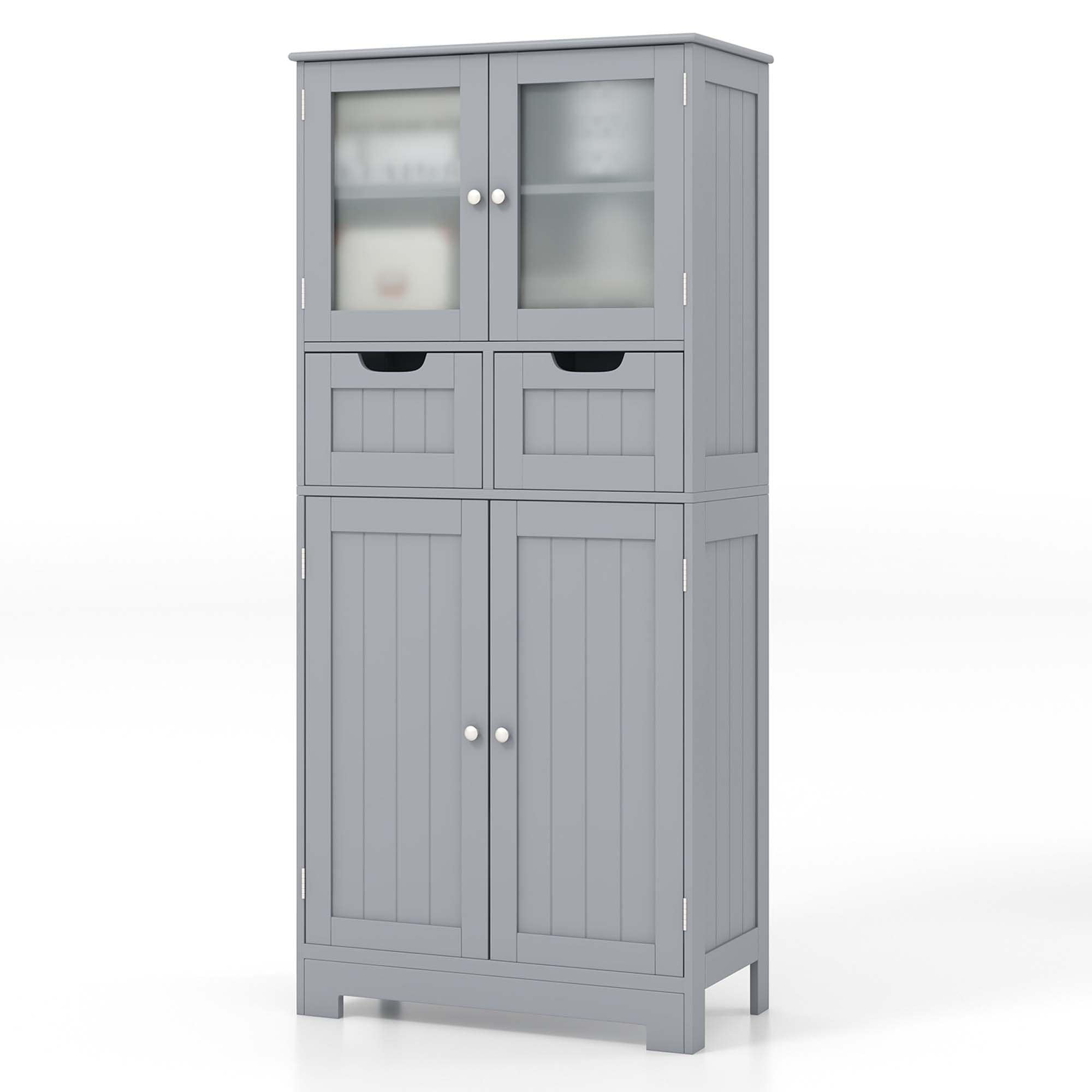 Gray MDF Floor Cabinet with Glass Doors and Adjustable Shelves