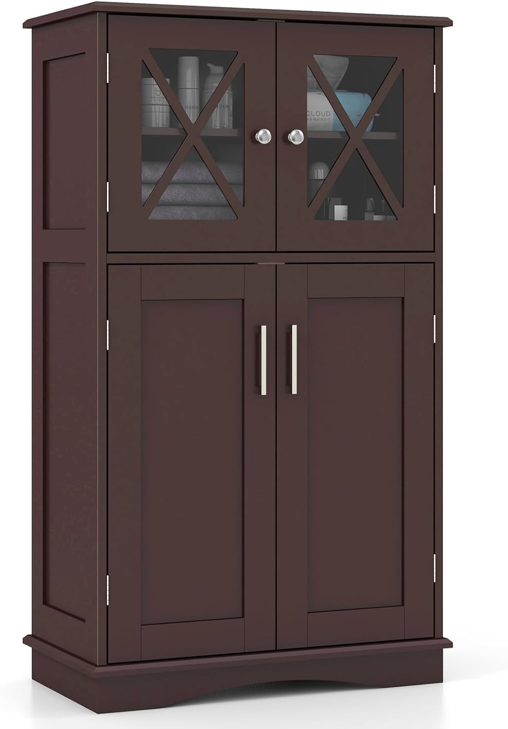 Bathroom Floor Storage Cabinet - Linen Floor Cabinet with Doors and Adjustable Shelves, Freestanding Side Storage Organizer for Bathroom, Living Room, Entryway, Kitchen Storage Unit (Brown)