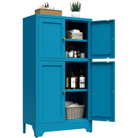 Bathroom Floor Storage Cabinet,Metal Accent Cabinets with 4 Doors and 2 Adjustable Shelves, Bathroom Cabinets Organizer Blue Rust-Proof Locker Restroom,Kitchen,Living Room,Hallway