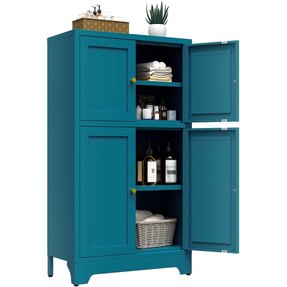 Bathroom Floor Storage Cabinet,Metal Storage Sideboard with 2 Doors and 2 Adjustable Shelves,Modern Small Storage Cabinets, Blue Metal Locker for Entryway,Living Room,Hallway
