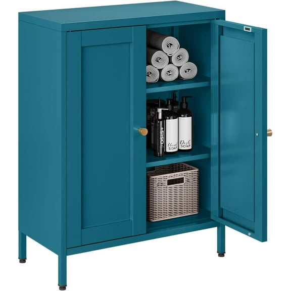 Bathroom Floor Storage Cabinet,Metal Storage Sideboard with 2 Doors and 2 Adjustable Shelves,Modern Storage Freestanding Organizer Rust-Proof Locker,Living Room,Hallway,Blue