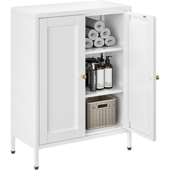Bathroom Floor Storage Cabinet,Metal Storage Sideboard with 2 Doors and 2 Adjustable Shelves,Modern Storage Freestanding Organizer Rust-Proof Locker,Living Room,Hallway,White