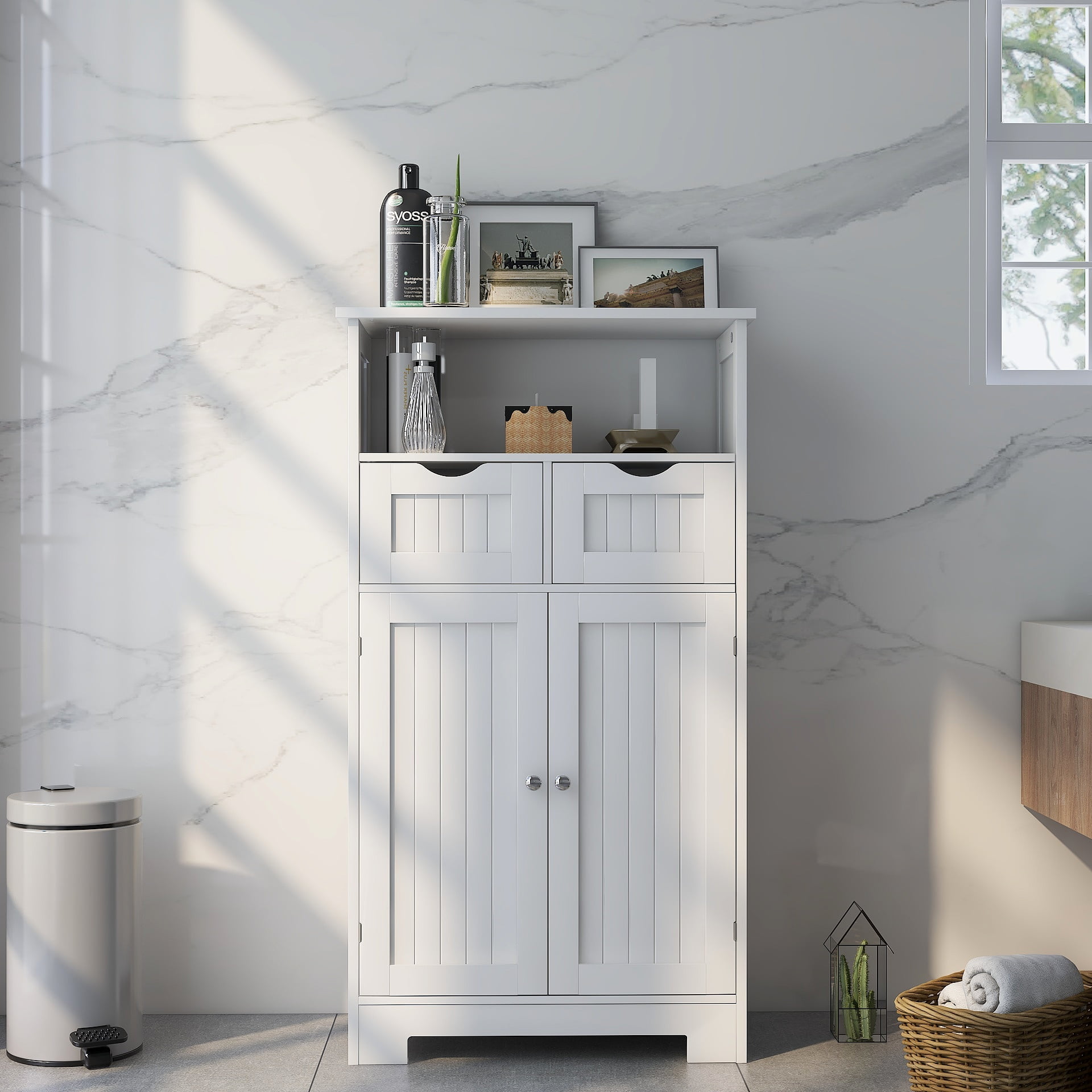 Wooden Bathroom Floor Storage Cabinet with Adjustable Shelf, Doors ...
