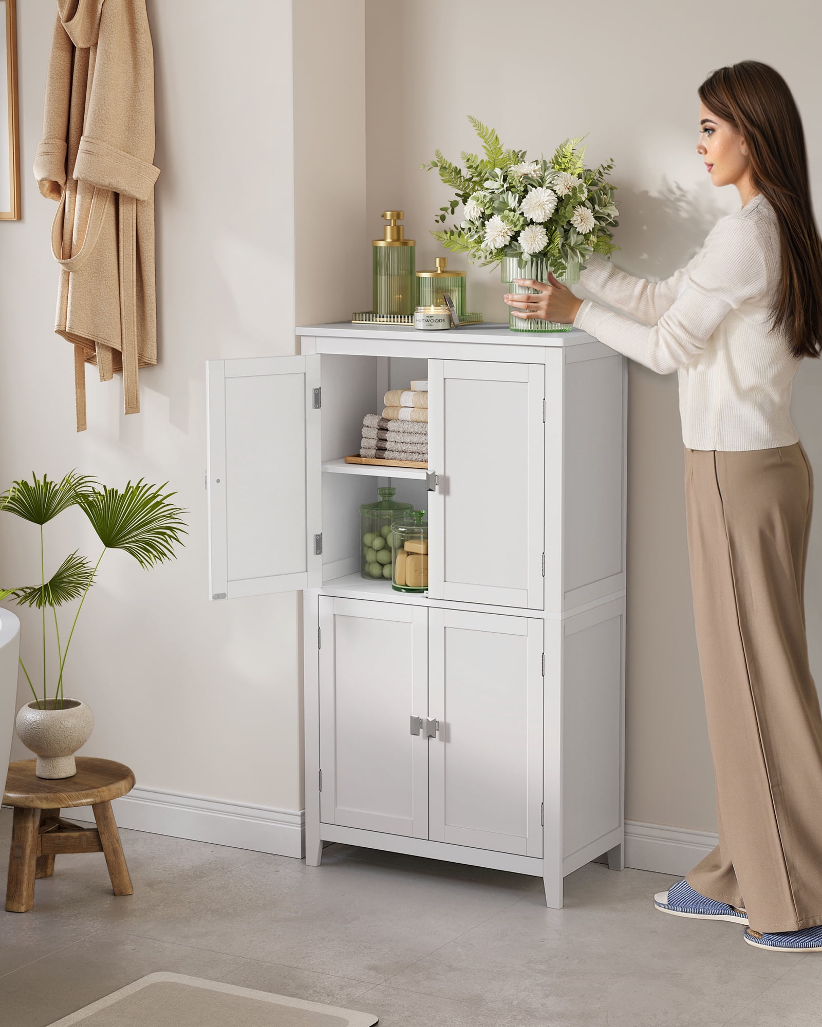 Floor Storage Cabinet,  Storage Unit, Freestanding Cabinet with 4 Doors, 11.8 x 23.6 x 43.3 Inches, White
