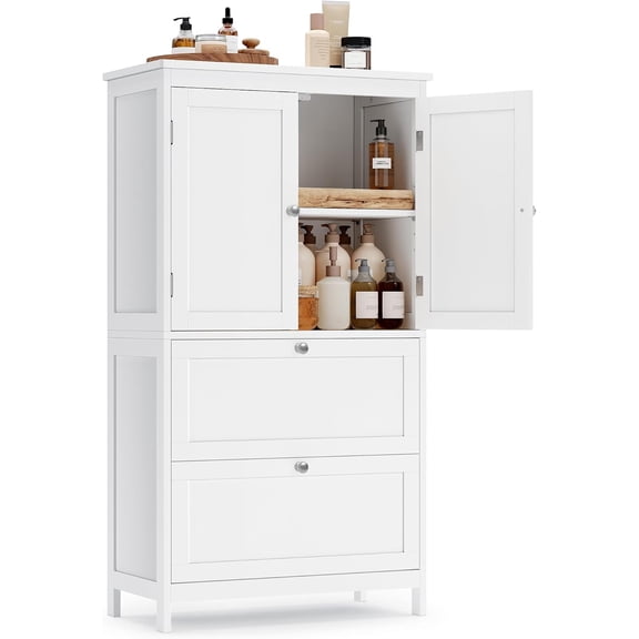 Bathroom Floor Storage Cabinet with 4 Doors, Cloud White