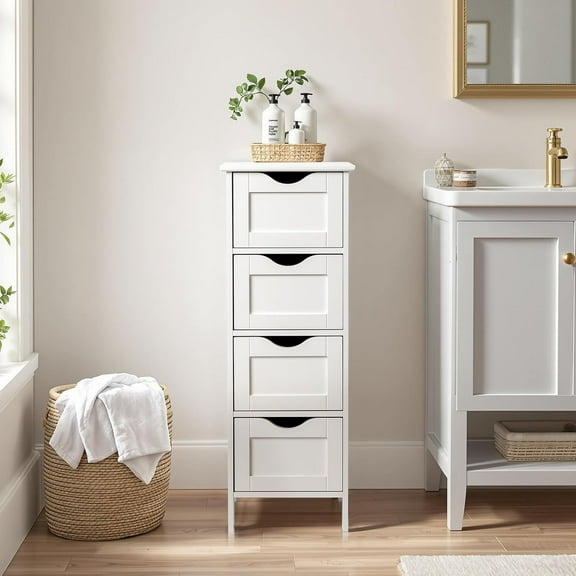 Bathroom Floor Storage Cabinet with 4 Drawers, White Wooden Organizer for Small Spaces