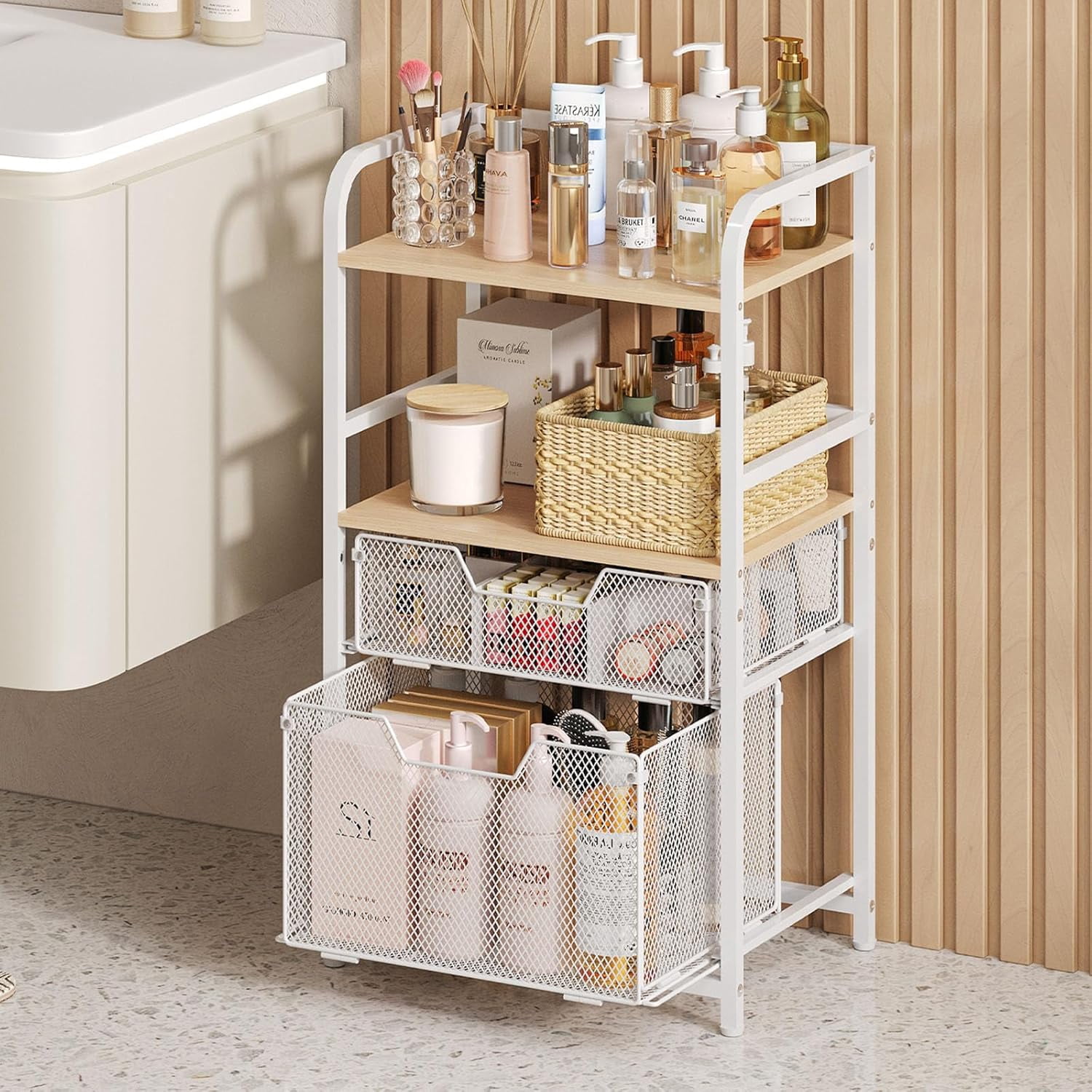 Bathroom Floor Storage Shelf with Drawer, Freestanding Towel Shelf ...
