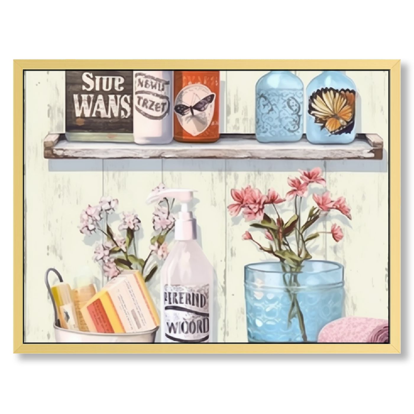 Bathroom Floral Wall Art Rustic Country Brown Flower Butterfly Pictures