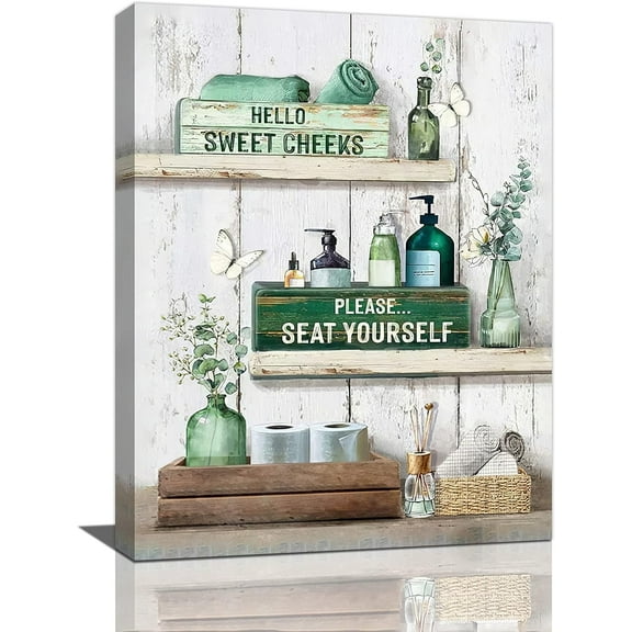 Bathroom Floral Wall Art Rustic Country Teal Flower Butterfly Pictures Wall Decor Farmhouse Bathroom Rules Bathroom Sign Decorations Canvas Painting Prints Artwork for Toilet Restroom 12"x16"