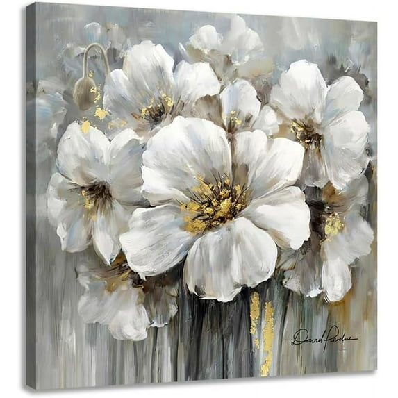 Bathroom Flower Picture Wall Art White and Gray Floral Painting on Canvas with Gold for Bedroom Powder Room Decor 12x12