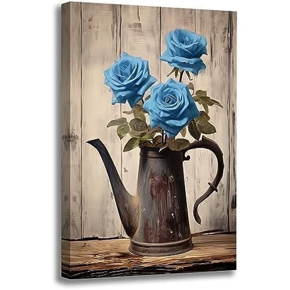 Bathroom Flower Wall Art,Farmhouse Canvas Walll Decor,Country Wood Blue Roses Floral Pot Rustic Painting Picture for Bedroom,Office,Home,Hotel Decor