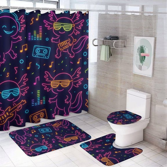 Bathroom Four Sets Of Floor Mat Shower Curtain Strong Durability Easy Cleaning Easy Daily Storage Strong Water Resistance Neon Party Axolotls - 80s Synthwave