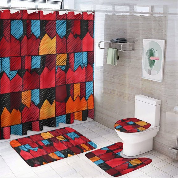 Bathroom Four Sets Of Floor Mat Shower Curtain Strong Durability Easy Cleaning Easy Daily Storage Strong Water Resistance Red Colorful Houndstooth Hand-drawn Sketch_1
