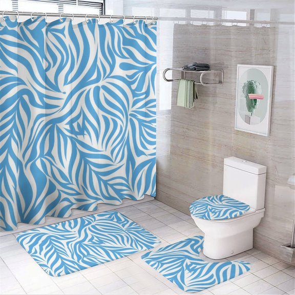 Bathroom Four Sets Of Floor Mat Shower Curtain Strong Durability Easy Cleaning Easy Daily Storage Strong Water Resistance Zebra Print Style LightBLue_2