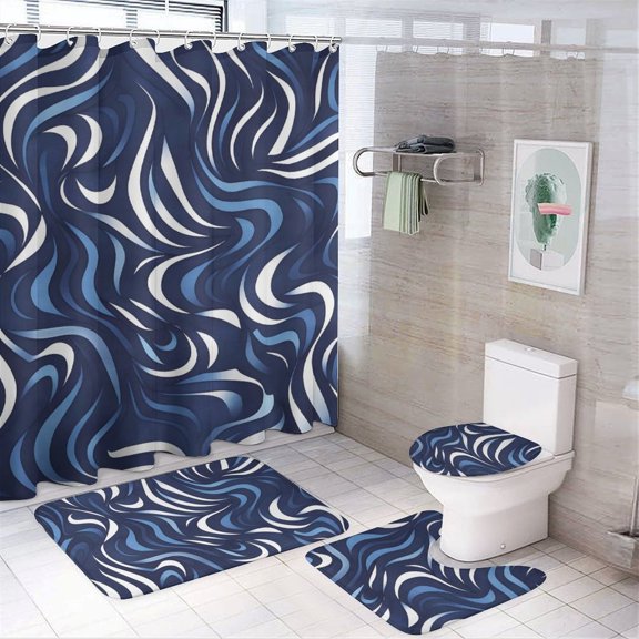 Bathroom Four Sets Of Floor Mat Shower Curtain Strong Durability Easy Cleaning Easy Daily Storage Strong Water Resistance Zebra Print Style LightBLue_4