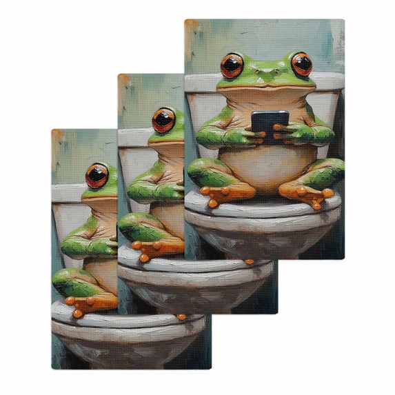 Bathroom Frog Hand Towels Set, Waffle Weave Kitchen Towels 3 Pieces, Toilet Animals Vintage Microfiber Hair Face Bath Tea Towel Absorbent Quick Drying Cleaning Dish Cloths, 15.7"x23.6"