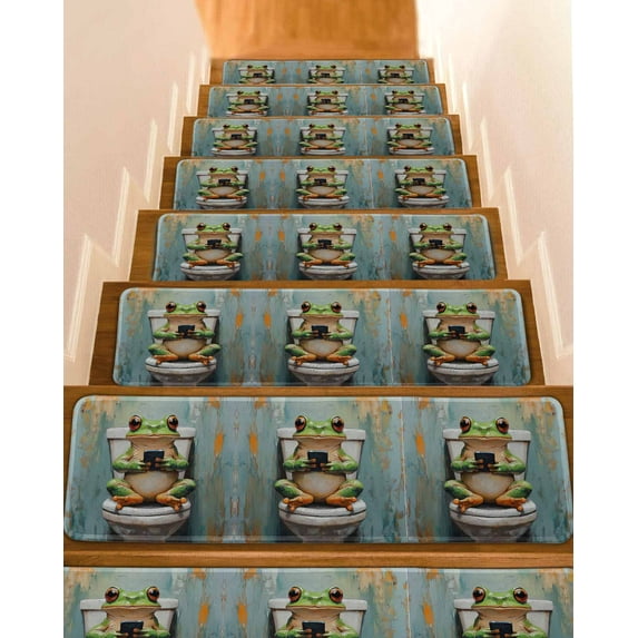 Bathroom Frog Stair Treads for Wooden Steps Indoor Runner Rug Carpet, Toilet Animals Vintage 7 Pieces Peel and Stick Staircase Step Treads Covers Washable Throw Door Mats, 30"x8"
