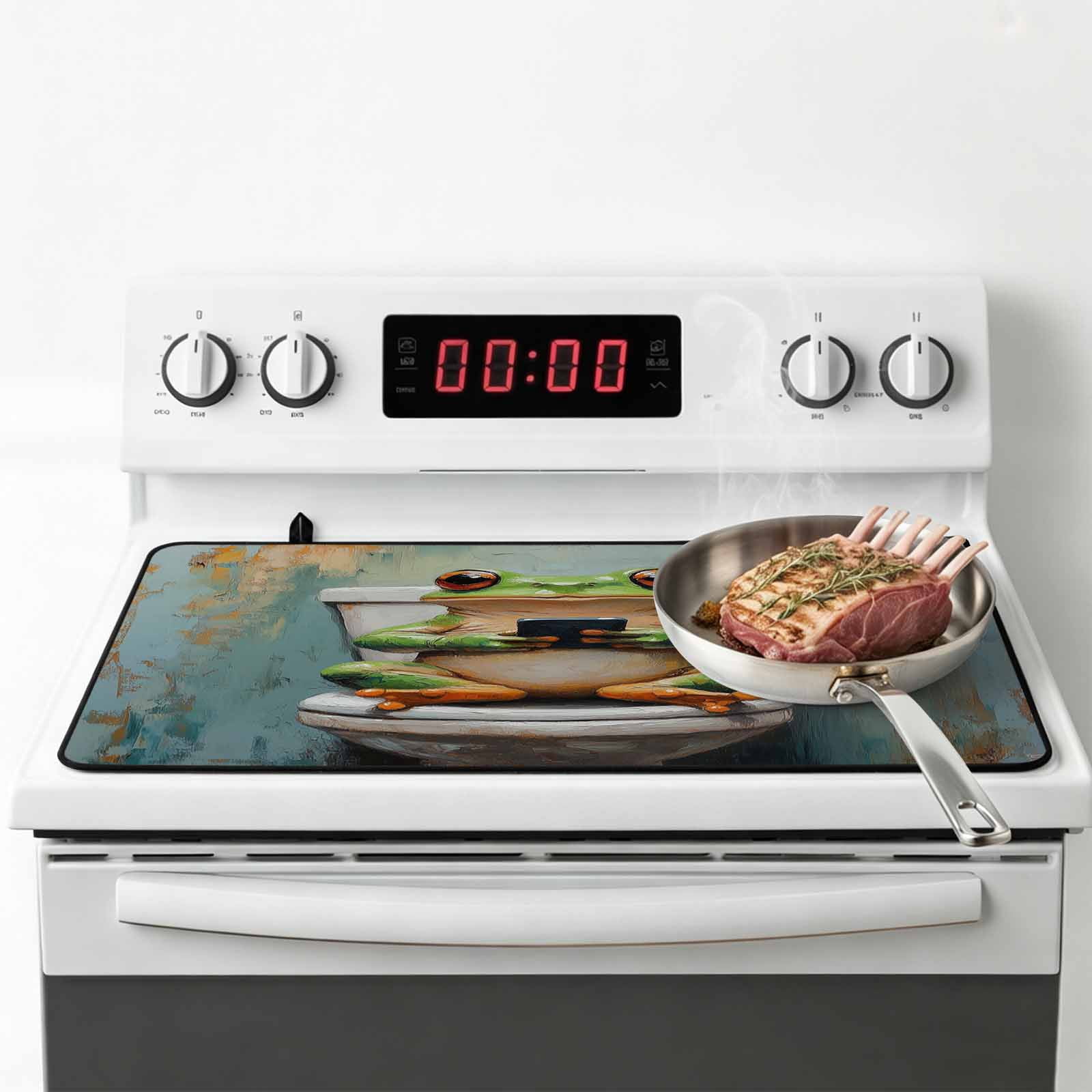 Bathroom Frog Stove Top Cover for Electric Stove, Heat-proof & Non Slip Glass Top Stove Cover Protector, Toilet Animals Vintage Kitchen Flat Cooktop Rubber Mat 24x21 Inches