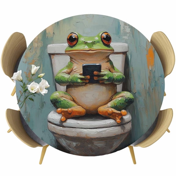 Bathroom Frog Table Cloth, Round Fitted Tablecloths with Elastic Edge, Toilet Animals Vintage Wipeable Waterproof Table Cover for Kitchen Wedding 45-54 Inches