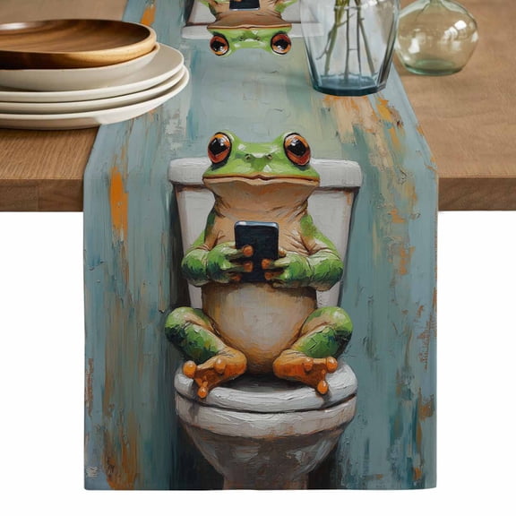 Bathroom Frog Table Runner, Toilet Animals Vintage Washable Cotton Linen Table Runners 36 Inches Long, Dresser Scarf Runner for Nightstand/End Tables/Round Tables 13''x36''