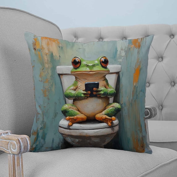 Bathroom Frog Throw Pillow Covers, Soft Pillowcases with Invisible Zipper, Toilet Animals Vintage Decorative Square Pillow Cushion Covers for Living Room Couch Sofa Bed 16x16 Inches