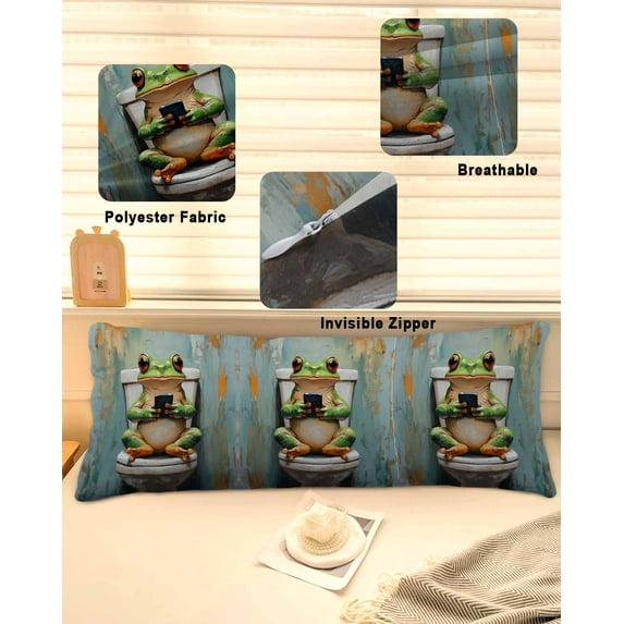 Bathroom Frog Throw Pillow Covers, Toilet Animals Vintage Soft Breathable Pillow Cases with Invisible Zipper for Sleeping, Long Body Pillowcases for Couch Bed Sofa Chair 20x54 Inches