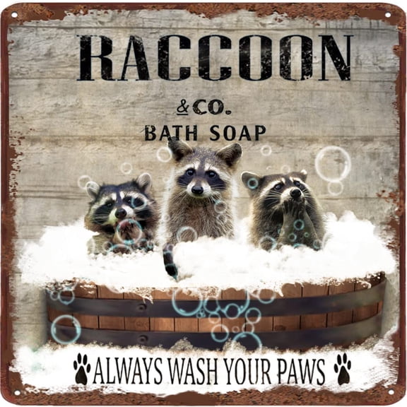 Bathroom Fun Tin Sign Vintage Little Raccoon Bathtub Metal Tin Sign,Family Bathroom Toilet Bar Cafe Wall Decoration Pet Animal Retro Sign Housewarming Gift 12x12 Inches
