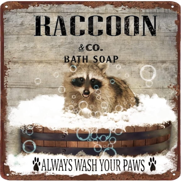 Bathroom Fun Tin Sign Vintage Little Raccoon Bathtub Metal Tin Sign,Family Bathroom Toilet Bar Cafe Wall Decoration Pet Animal Retro Sign Housewarming Birthday Christams Gift 12x12 Inches