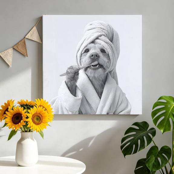 Bathroom Funny Dog Canvas Wall Art, The Dog Brushing Its Teeth Framed Canvas Wall Decor Picture Print Artwork Decorations for Living Room Office Ready to Hang 8" x 8"