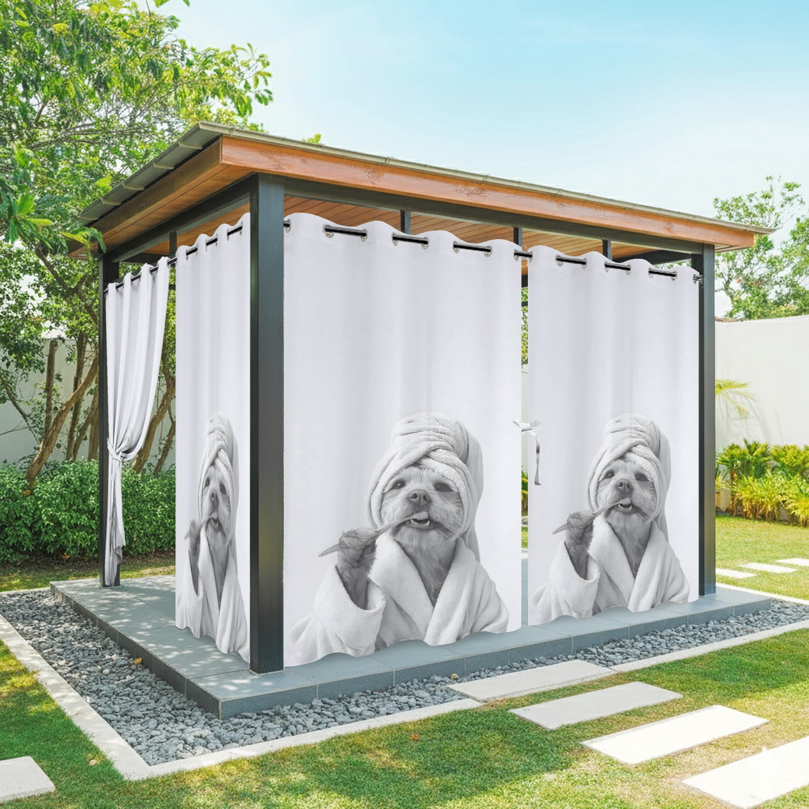 Bathroom Funny Dog Outdoor Curtains for Patio, The Dog Brushing Its Teeth Sunshade Privacy Drapes Grommet Waterproof Outside Curtains for Porch/Cabana/Balcony 54"x 108", 1 Panel
