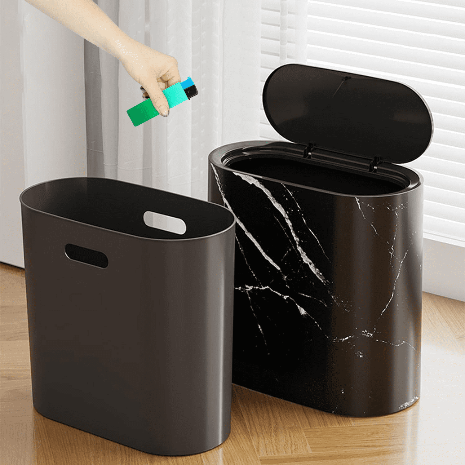 Bathroom Garbage Can with Lid,Narrow Kitchen Trash Can,Plastic Wood ...