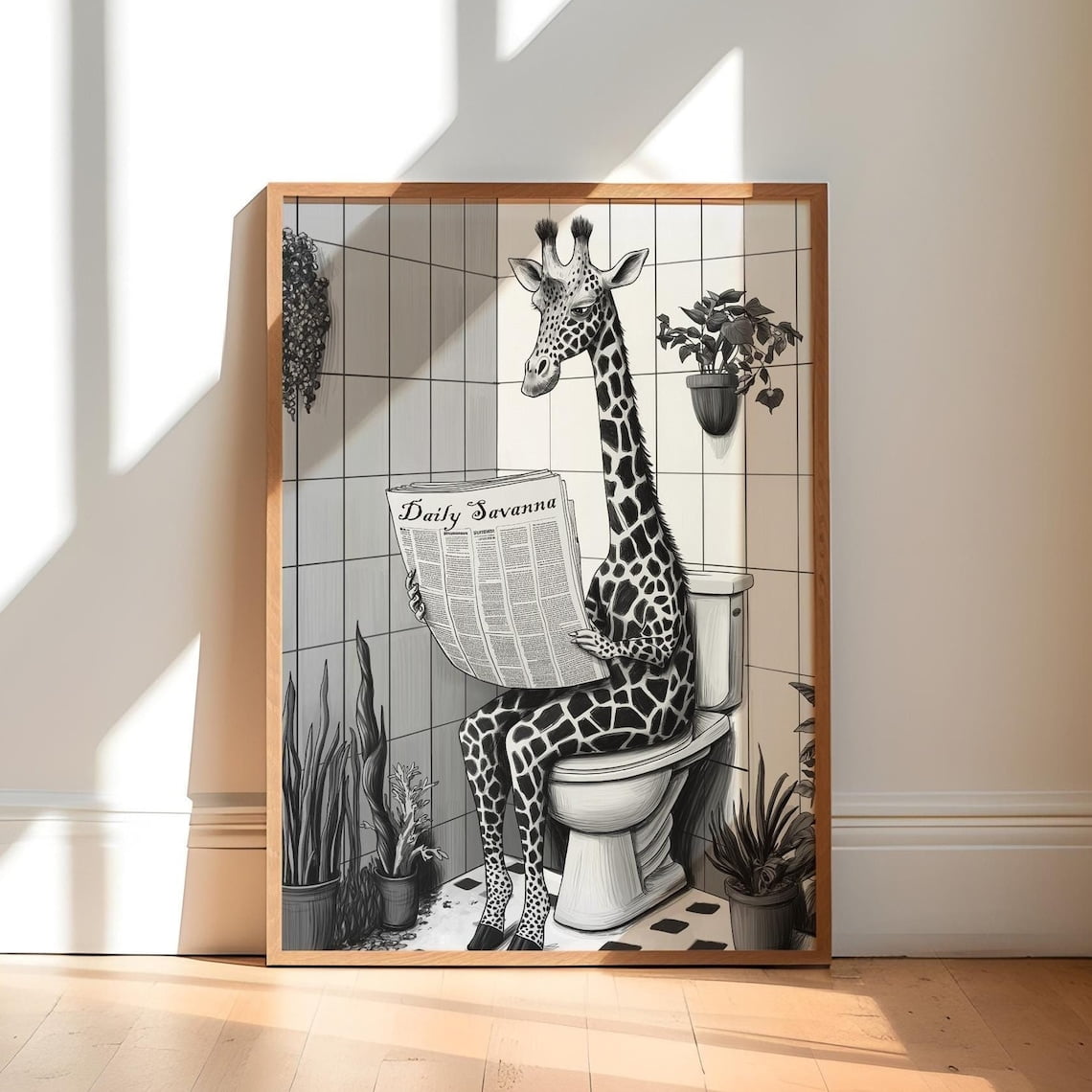 Bathroom Giraffe Print, Funny Animal Reading Newspaper Poster, Pooping ...