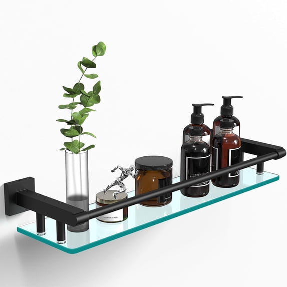 Bathroom Glass Shelf 20IN Rectangular Stainless Steel Tempered Glass Shelves Modern Stainless Steel Wall Mount Bathroom Shelf (Matte Black, 20‘’)