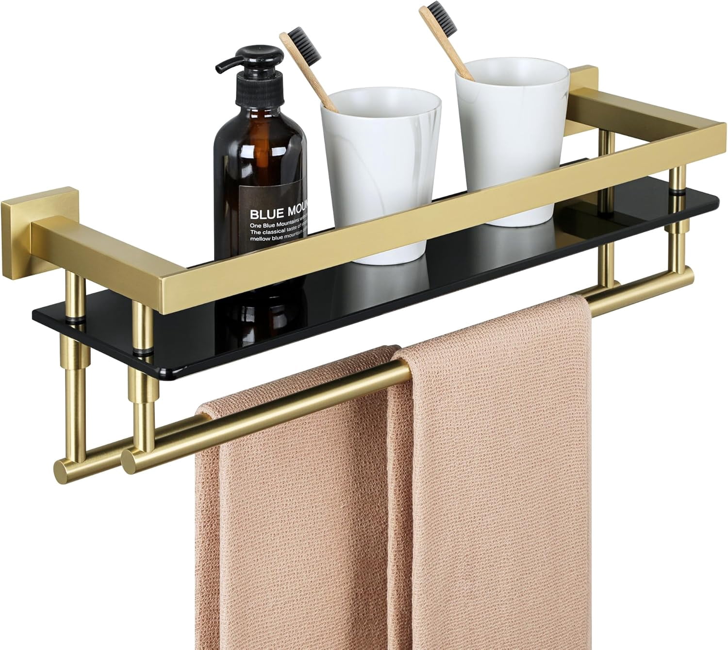 Bathroom Glass Shelf with Double Towel Bar, Tempered Glass Bathroom ...