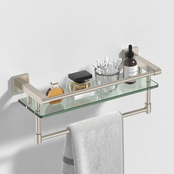 Bathroom Glass Shelf with Full-coverage Railing, Floating Tempered Glass Bathroom Wall Shelf Rectangle 16 Inch Shelves Brushed Nickel Bracket Mount Modern