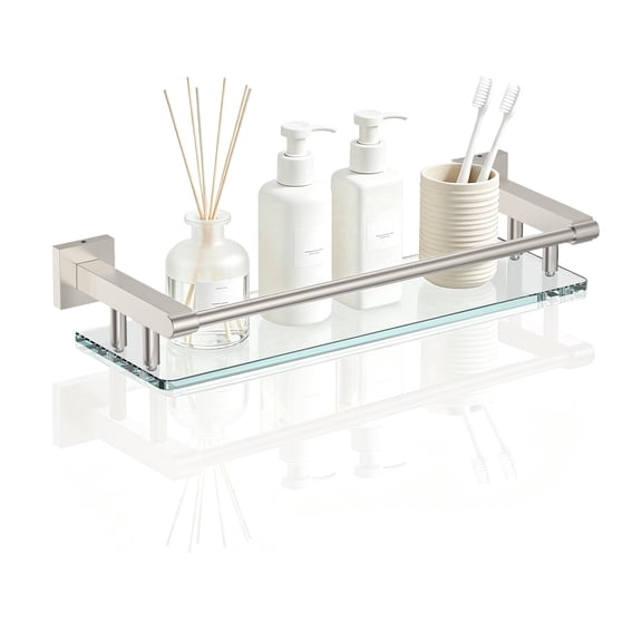 Bathroom Glass Shelf with Full-coverage Railing, Floating Tempered Glass Bathroom Wall Shelf Rectangle 16 Inch Shelves Brushed Nickel Bracket Mount Modern